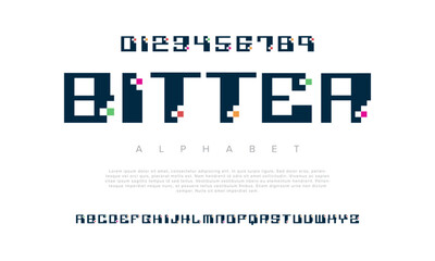 Bitter creative modern geometric urban alphabet font. Digital abstract futuristic, game, techno, robot, music, logo, sport, minimal technology typography. Simple numeric vector illustration