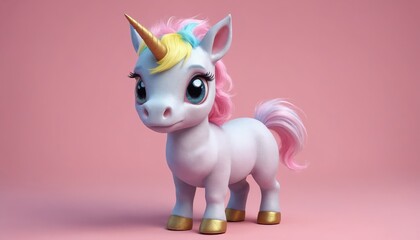 A dreamy unicorn with pink mane and tail standing in golden light
