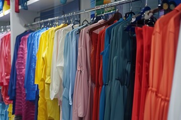 Fototapeta premium Clothes hanging on hangers, clothes shop.