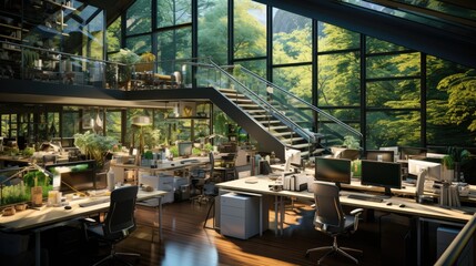 Green, sustainable and environmental office space with daily employee rush.  