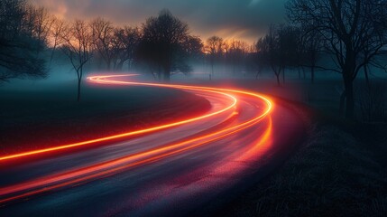 A winding road through a foggy forest at dusk, illuminated by the bright red lights of passing cars.