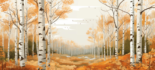 A digital vector illustration of an autumn birch forest, with white trunks and golden leaves. The background is a soft gray sky with birds flying in the distance.