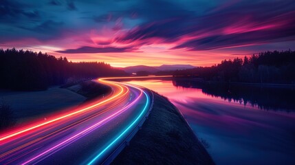 A winding road with colorful light trails at sunset, reflecting in a still lake.
