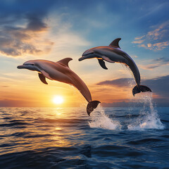 Fototapeta premium dolphins playing at sunset