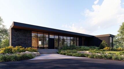 Modern house exterior with large windows surrounded by green landscape under a bright sky, showcasing contemporary architecture.