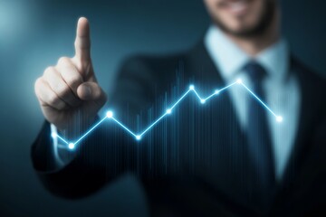 Businessman Pointing at Glowing Upward Arrow on Growing Graph Line, High Resolution Business Growth Concept, Close-Up of Blue Trending Chart on Transparent Background