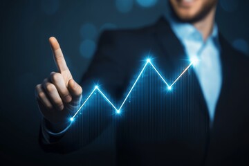 Businessman Pointing at Glowing Upward Arrow on Growing Graph Line, High Resolution Business Growth Concept, Close-Up of Blue Trending Chart on Transparent Background