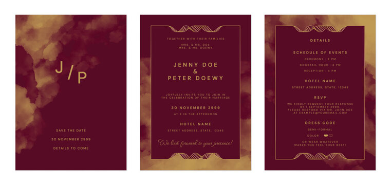 Wedding invitation template set, watercolor paintings in elegant red and gold tones