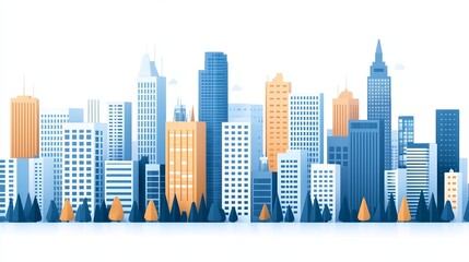 Obraz premium Stylized urban skyline with modern buildings in blue and orange tones, representing city life and architecture.
