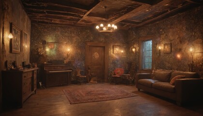 A cozy stone cottage glowing underneath a midnight moon