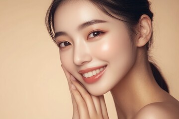 Fototapeta premium Skincare. Woman with beautiful face touching healthy facial skin portrait. Beautiful smiling Asian girl model with natural makeup enjoys glowing hydrated skin on beige with generative ai