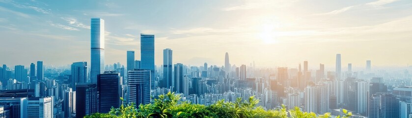 Obraz premium City skyline featuring sustainable buildings with green rooftops, urban living concept, plenty of copy space
