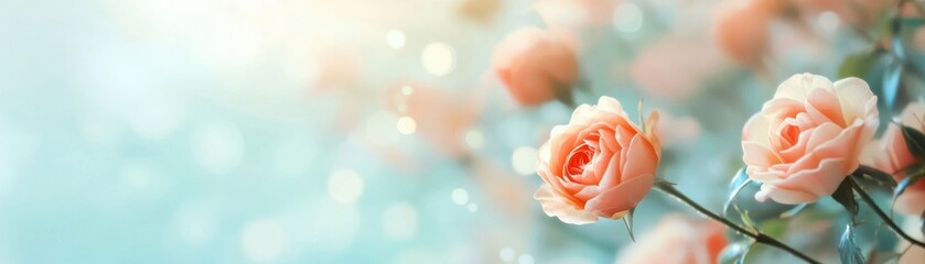 Vintage fantasy background with soft coral and mint roses, an ethereal spring atmosphere