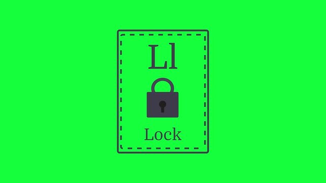 Letter l for lock 2d cartoon style card for little kids animation on green screen background