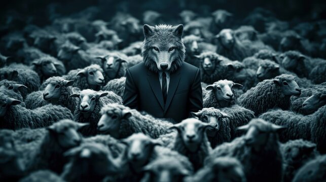 A mysterious wolf in a suit, guiding a group of sheep, symbolizing out-of-the-box leadership in complex business environments