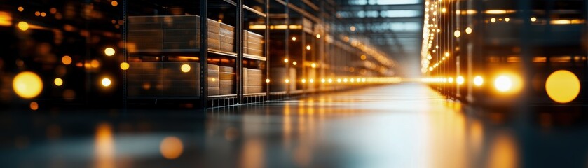 Obraz premium Futuristic warehouse operations enhanced by generative AI, seamless inventory and logistics flow, high-tech ambiance
