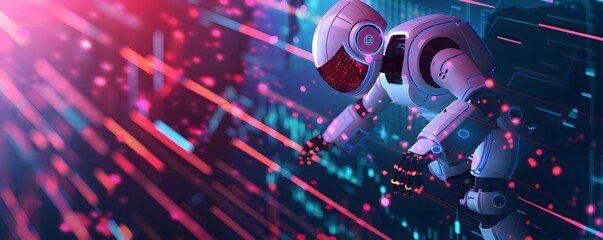 Futuristic Robot Interacting with Digital Data Streams