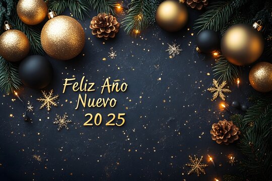 Texto dorado Feliz A&ntilde;o Nuevo 2025 con adornos de navidad sobre un fondo obscuro con esferas doradas y negras 