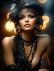 Fototapeta premium Flapper fashion of 1920s - low-waisted, beaded dresses, short bob hairstyles, vibrant make-up, iconic accessories, representing cultural shift towards freedom, independence, jazz dynamic spirit.