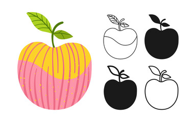 Apple symbol cartoon set. Juicy whole ripe pink apple linear doodle icon. Abstract flat hand drawn fruit. Sign stylized simple cute funny linear art for kids. Vector clipart graphic illustration