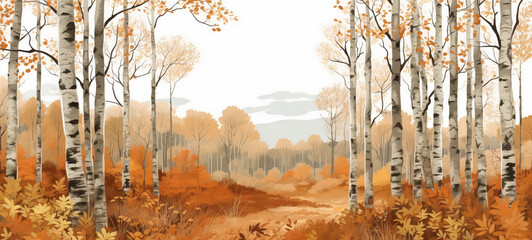 Beautiful autumn birch forest landscape background vector illustration on a white background.