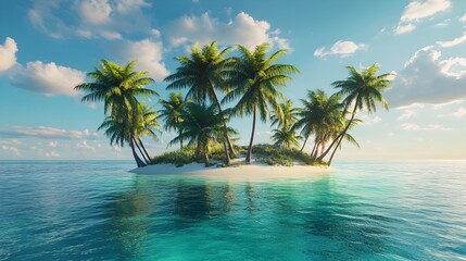 Fototapeta premium Stunning Tropical Island Retreat with Swaying Palms and Turquoise Waters A serene and idyllic 3D rendered scene of a lush tropical island paradise with lush palm trees gently swaying in the breeze