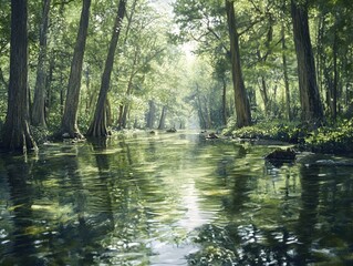 Obraz premium A crystal clear river flows gently through a dense towering ancient forest the water reflecting the majestic trees and lush foliage in a landscape bathed in soft natural lighting