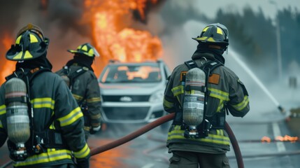 Brave firefighters battling a blazing fire, showcasing courage and teamwork in emergency response.