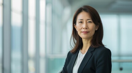 Confident businesswoman in a formal attire standing in a modern office environment, showcasing professionalism and empowerment.