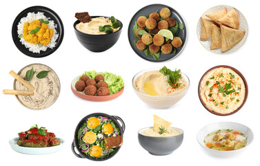 Hummus, samosas, falafel balls, sarma, matzo balls, shakshuka and rice with curry on white background. Collection with dishes of different national traditional cuisines