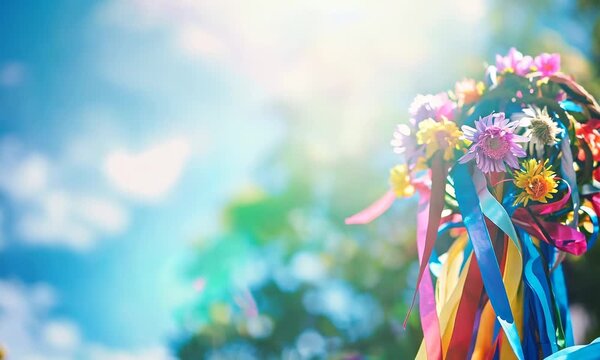 A festive maypole wrapped with bright ribbons and spring flowers under a clear blue sky