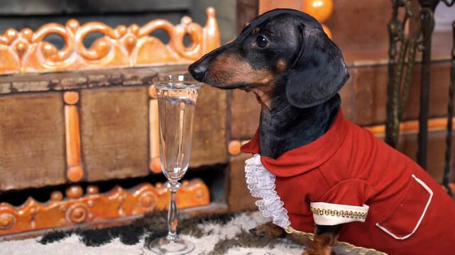 Spoiled aristocrat dachshund dog in red jumpsuit with glass of champagne Empire interior barks demandingly with noble proud look Luxurious elite royal restaurant vintage interior Master scolds servant