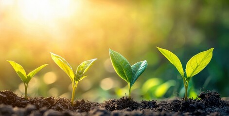 A row of young plants sprouting from rich soil, illuminated by warm sunlight in a vibrant garden setting.