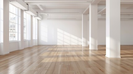 Fototapeta premium Sunlit interior of a spacious, modern room featuring wooden flooring and large windows for an airy atmosphere.