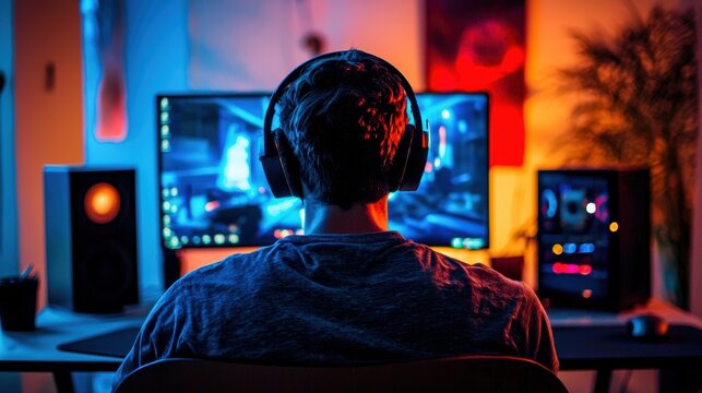 A gamer focused on a vibrant computer screen, wearing headphones in a modern, colorful room. Perfect for tech and gaming themes.