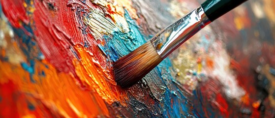 Fototapeta premium A close-up view of a paintbrush applying vibrant colors on a textured canvas, showcasing the beauty of artistic creativity.