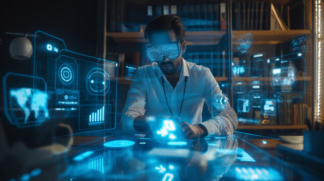 a businessman in futuristic office working with augmented reality artificial intelligence for business management 