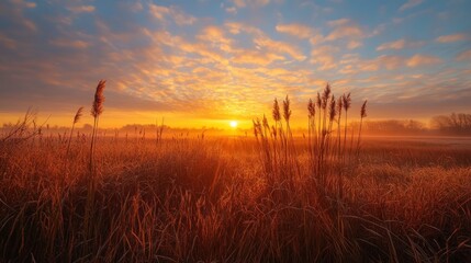 Sunrise over the grass field.