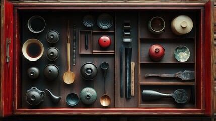An overhead view of a wooden box filled with various black, red, and green tea accessories, including cups, spoons, and a teapot.