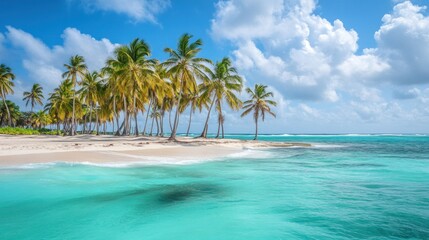 Portrait of Palm trees on sandy island in the ocean on summer.