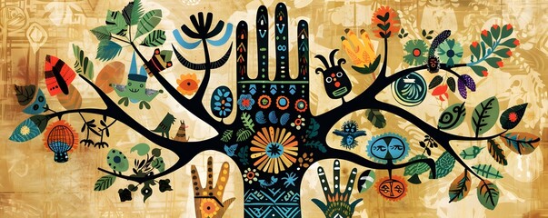 Abstract Tree with Hand-Like Trunk and Colorful Ornaments