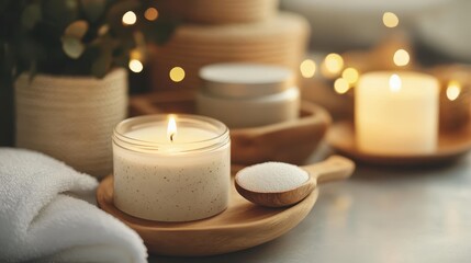 Cozy Spa Setting with Lit Candle, Towels, and Bath Salts in a Relaxing Atmosphere
