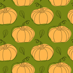 Seamless pattern of pumpkins and leaves in doodle style on green background. Vector illustration