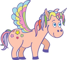 Cute unicorn color drawing. Magic winged horse