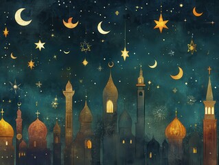 Enchanting Night Sky Over Middle Eastern City with Crescent Moons and Stars