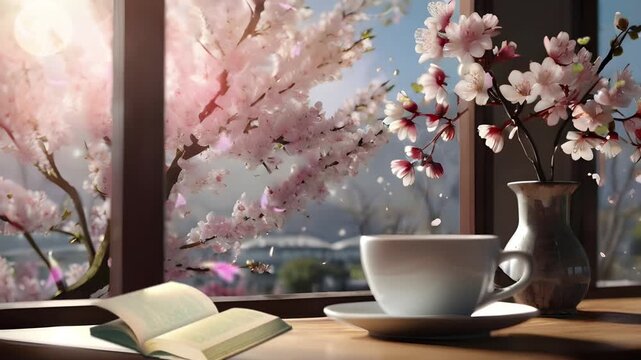 A cup of coffee and cherry blossoms beside the wooden window in the morning. Seamless 4K looping timelapse video animation background
