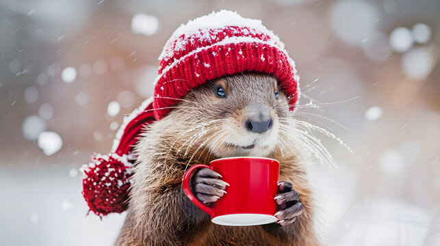 Encantadora nutria con jersey y sombrero rojo sosteniendo una taza de caf caliente caminando en un bello paisaje nevado de bosque de invierno expresin alegre y tierna