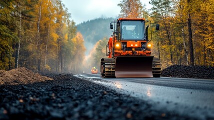Road construction equipment is working on a section of road, creating noise and dust. Workers coordinate the process.