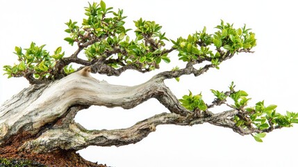 Close-up of a bonsai tree with intricate branches and vibrant green leaves isolated on a white background.