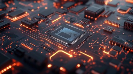 Obraz premium Close-up of a computer chip with glowing orange circuits.